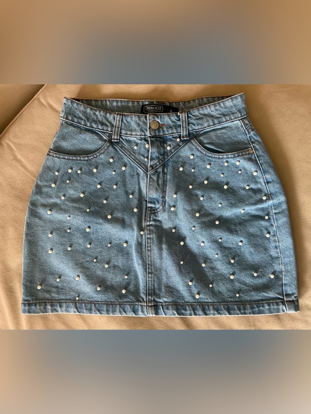 Cherokee Women's Light Blue Denim Jeans Skirt with Pearl Detail